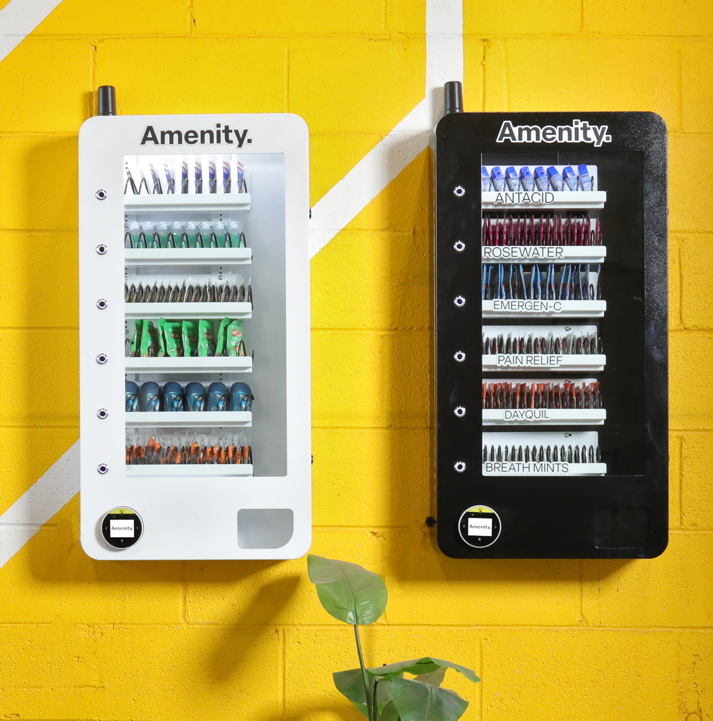 Two modern Amenity Boxes on a yellow wall